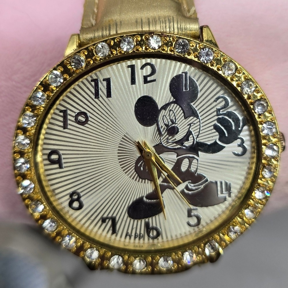 Disney Mickey Mouse Watch Rhinestone Bezel Gold Tone Metallic Strap OS Gold Good
